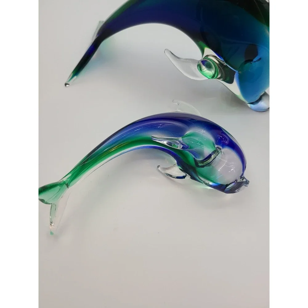 Handmade Art Glass Dolphin Figurines Often Created In The Murano Style Set of 2